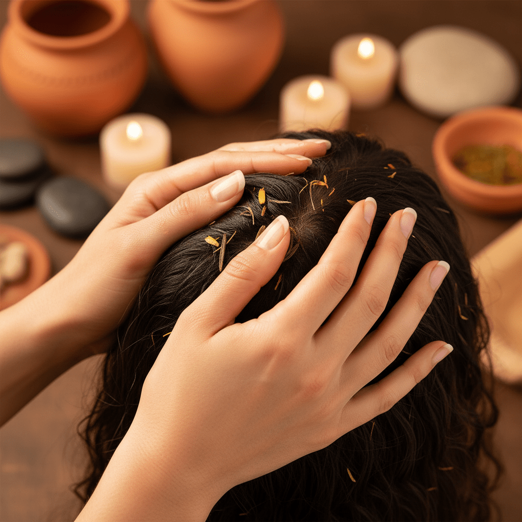 Close-up of a scalp massage with herbal oil, warm and spa-like