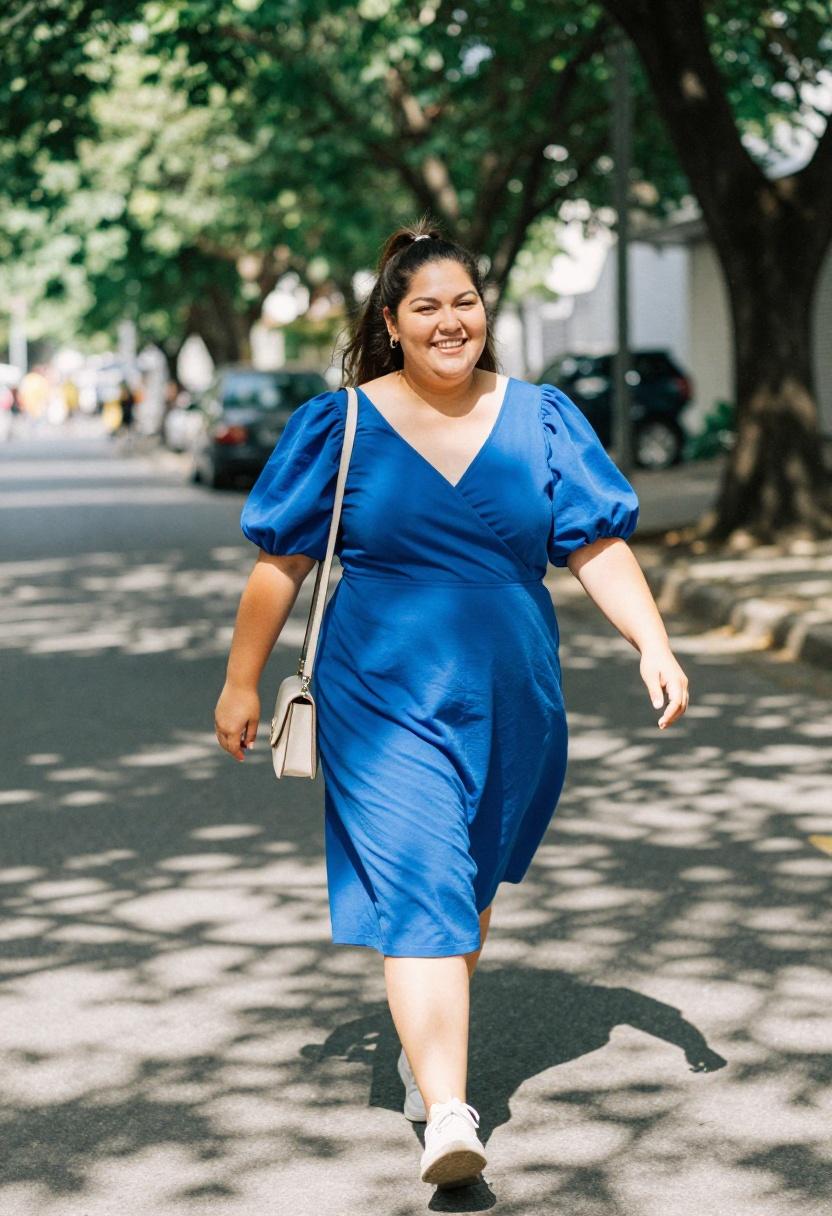 Plus size woman in electric blue puff sleeve wrap dress on a sun-dappled tree-lined path