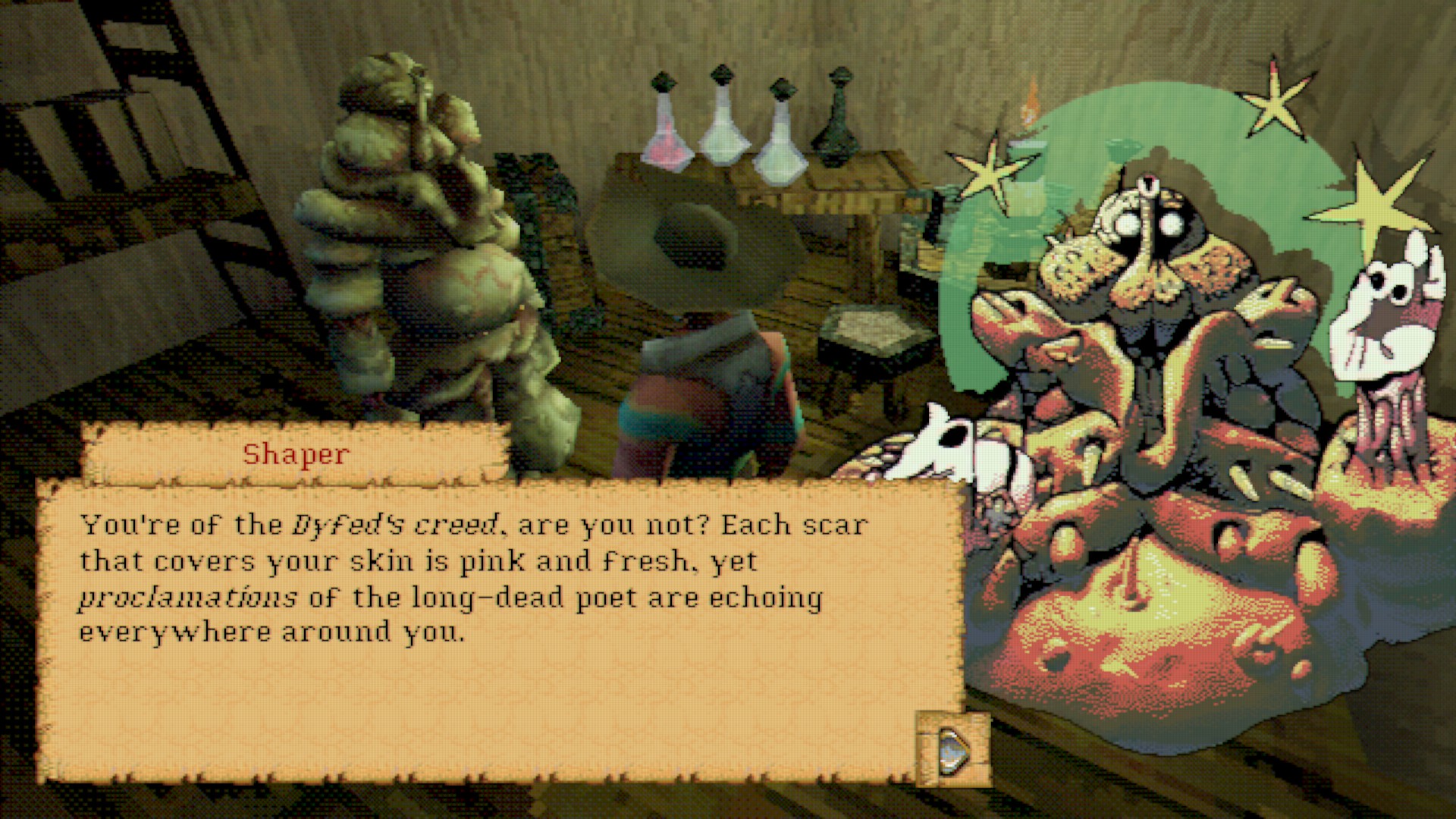 Screenshot from Entropy. A strange misshapen character named 