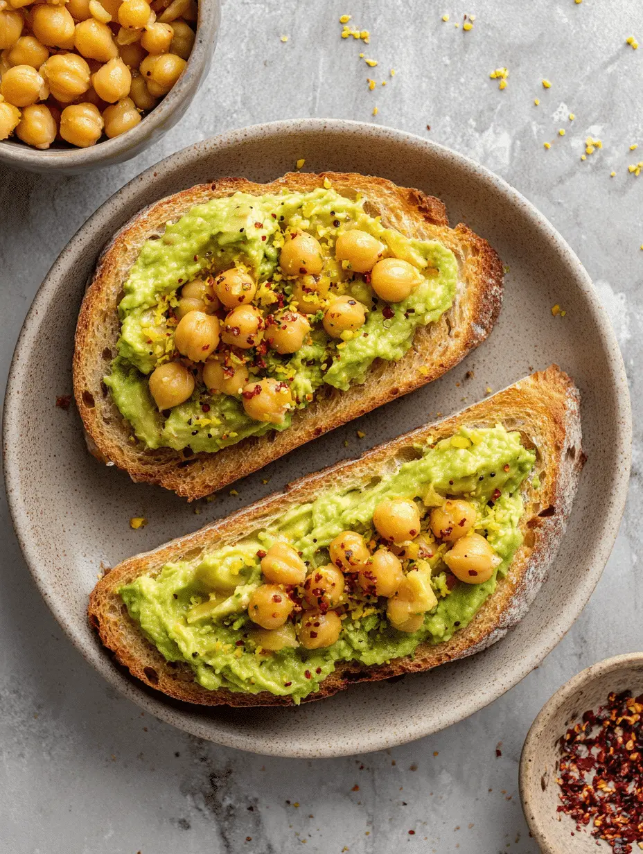 Close-up of chickpea avocado toast garnished with fresh herbs, showing a healthy and protein-rich breakfast idea.