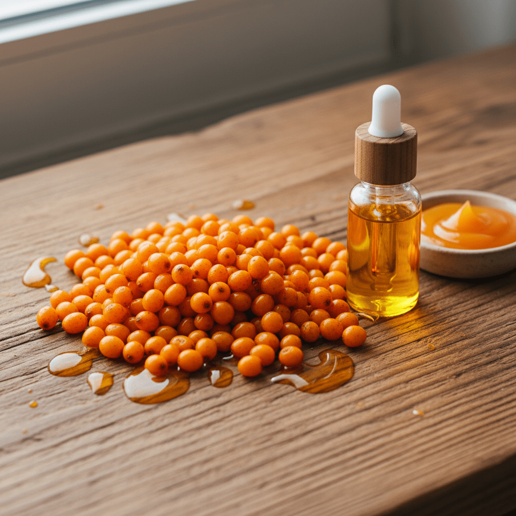 Bright sea buckthorn berries and oil on a rustic wooden surface