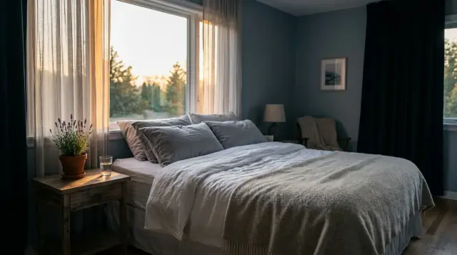 Serene minimalist bedroom bathed in soft twilight glow with crisp white bedding