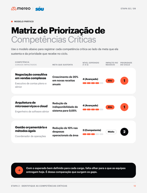 Página do guia com o modelo prático Matriz de Alinhamento Estratégico: três metas de negócio, onde o desempenho trava e se o problema é de competência