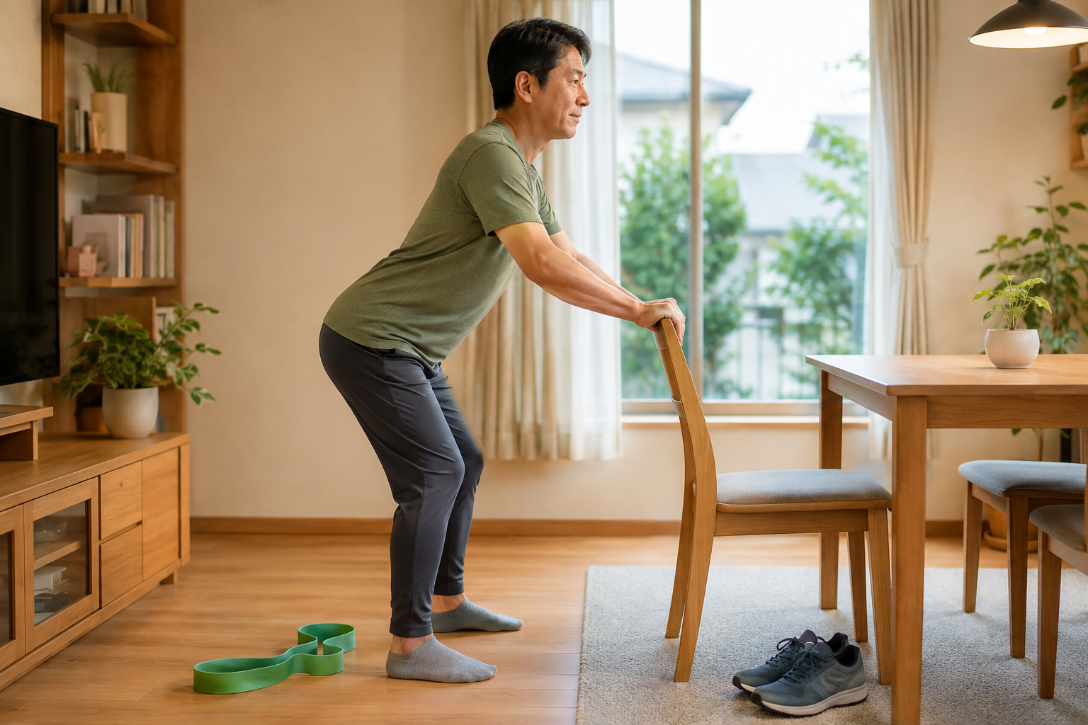 自宅の椅子を使って腰痛のための軽い運動を生活に取り入れる場面