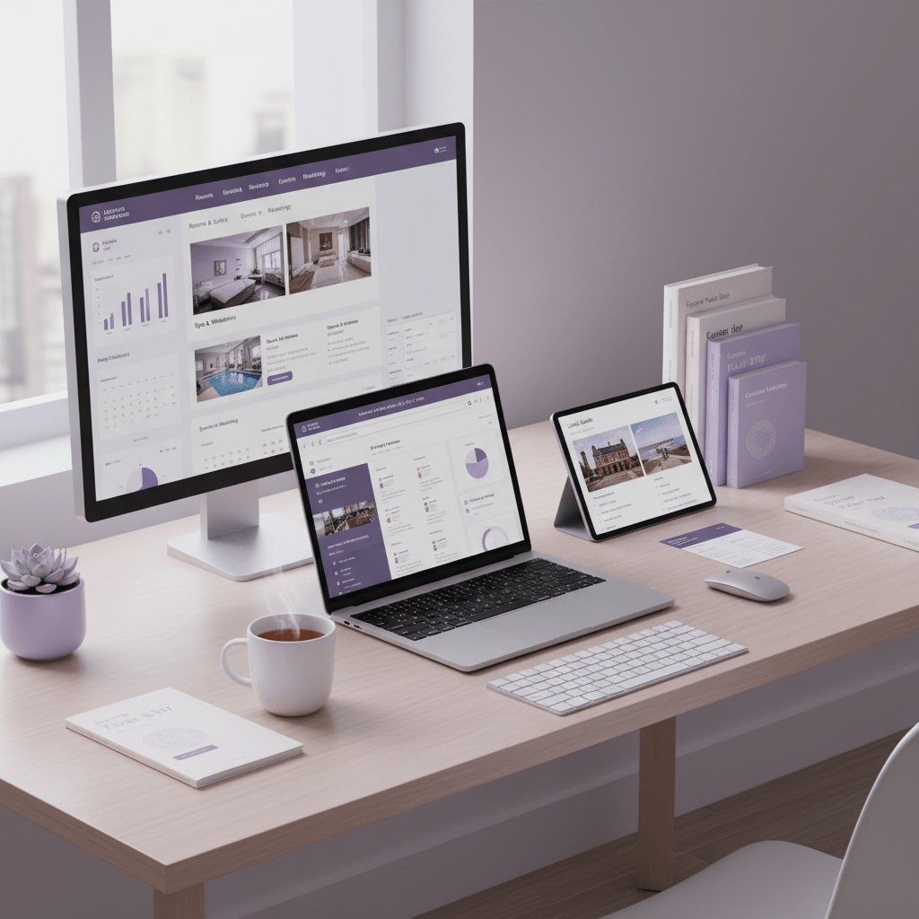 A hotel website planning desk with local guide pages, spa page, event page, analytics charts, and a laptop showing search results, clean professional workspace