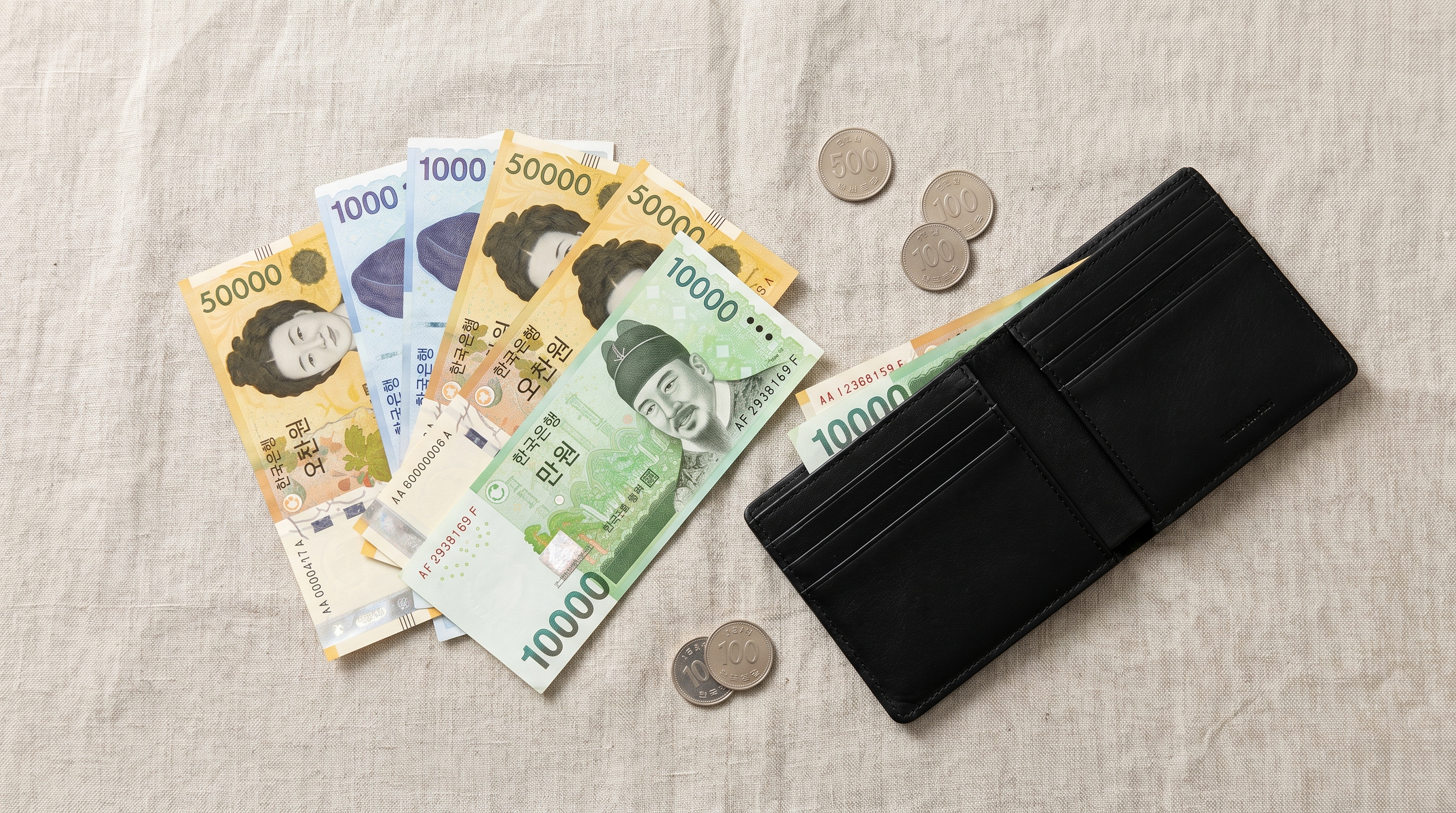 Korean won banknotes and wallet