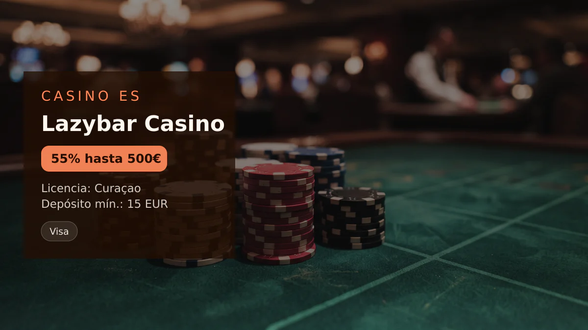 Lazybar Casino — bono de bienvenida 55% hasta 500€ + 50 FS, pagos: Visa, Mastercard, Skrill, Neteller, Paysafecard