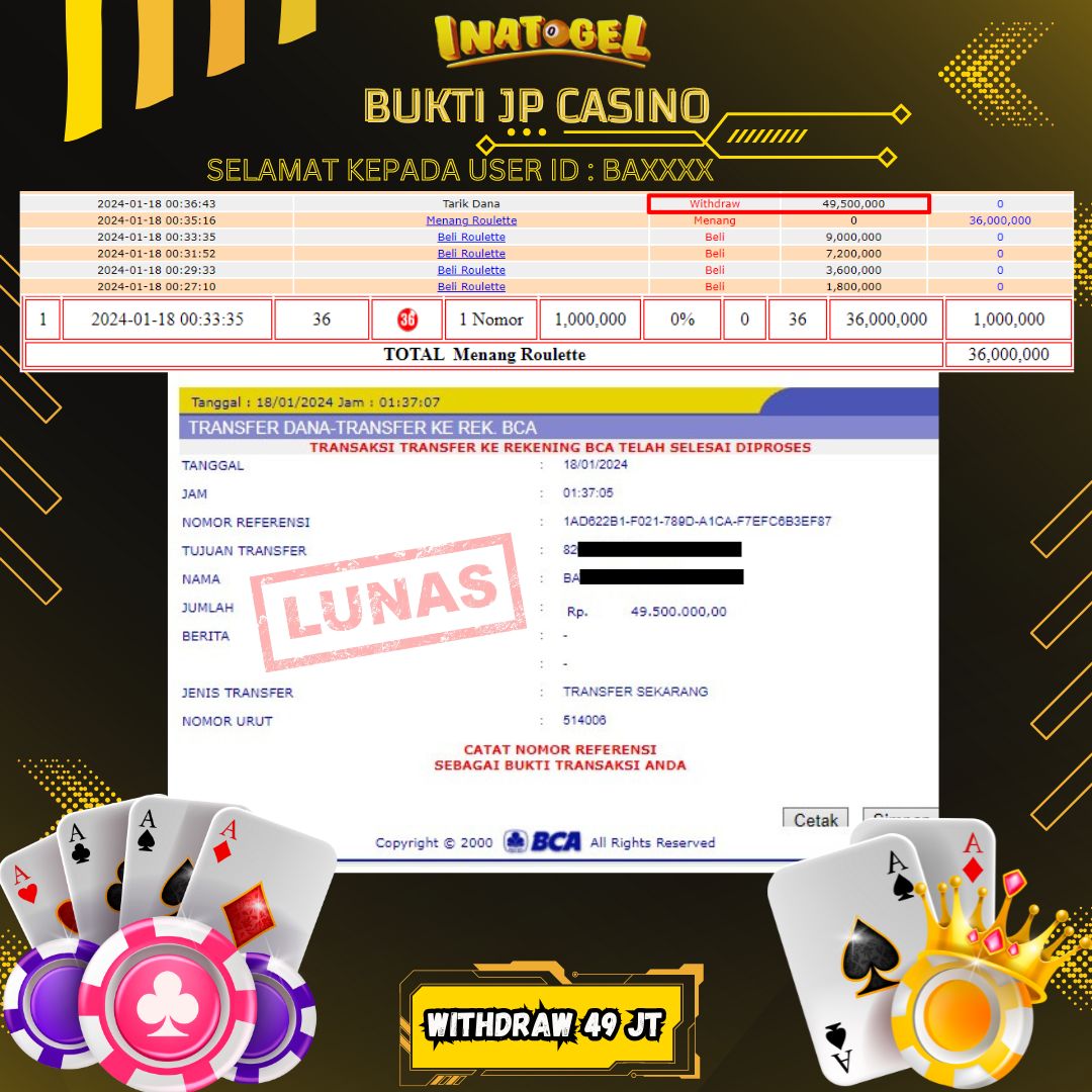 BUKTI PEMBAYARAN JP  LIVE GAMES ROULETTE Rp49,000,000,- LUNAS