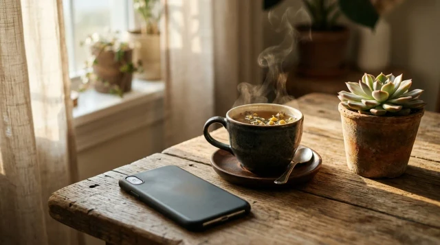 Smartphone placed face-down on wooden table beside steaming tea, calm morning light