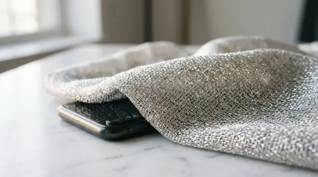 Silver fiber fabric draped over smartphone showing metallic woven texture in soft light