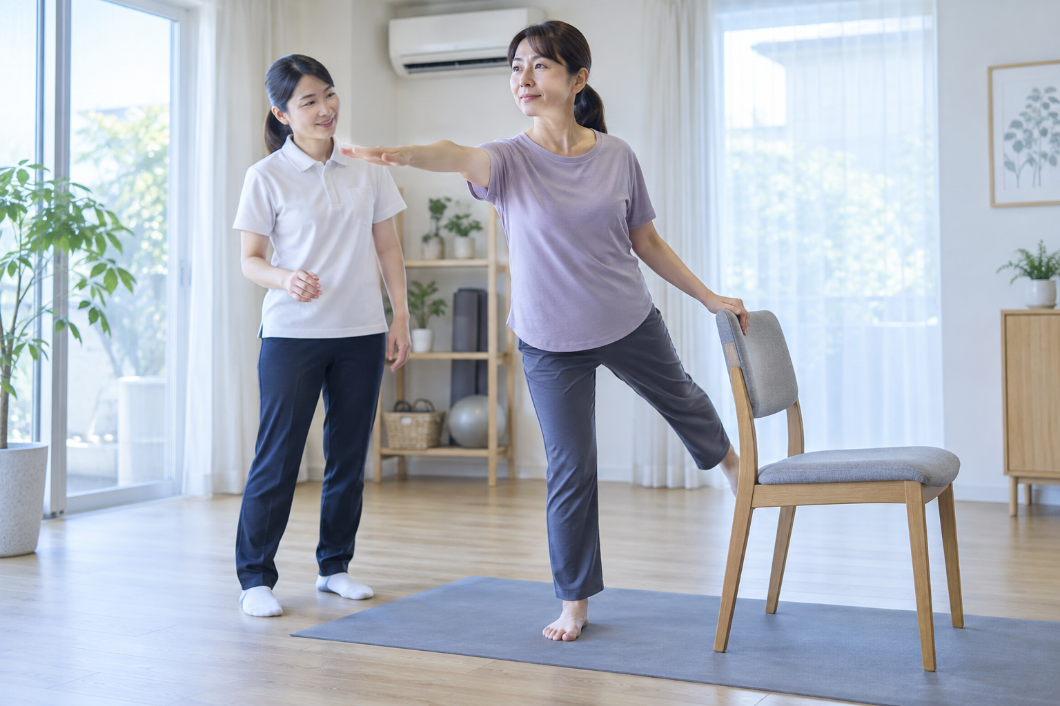 涼しい室内で椅子を支えにヨガを行う多発性硬化症の方