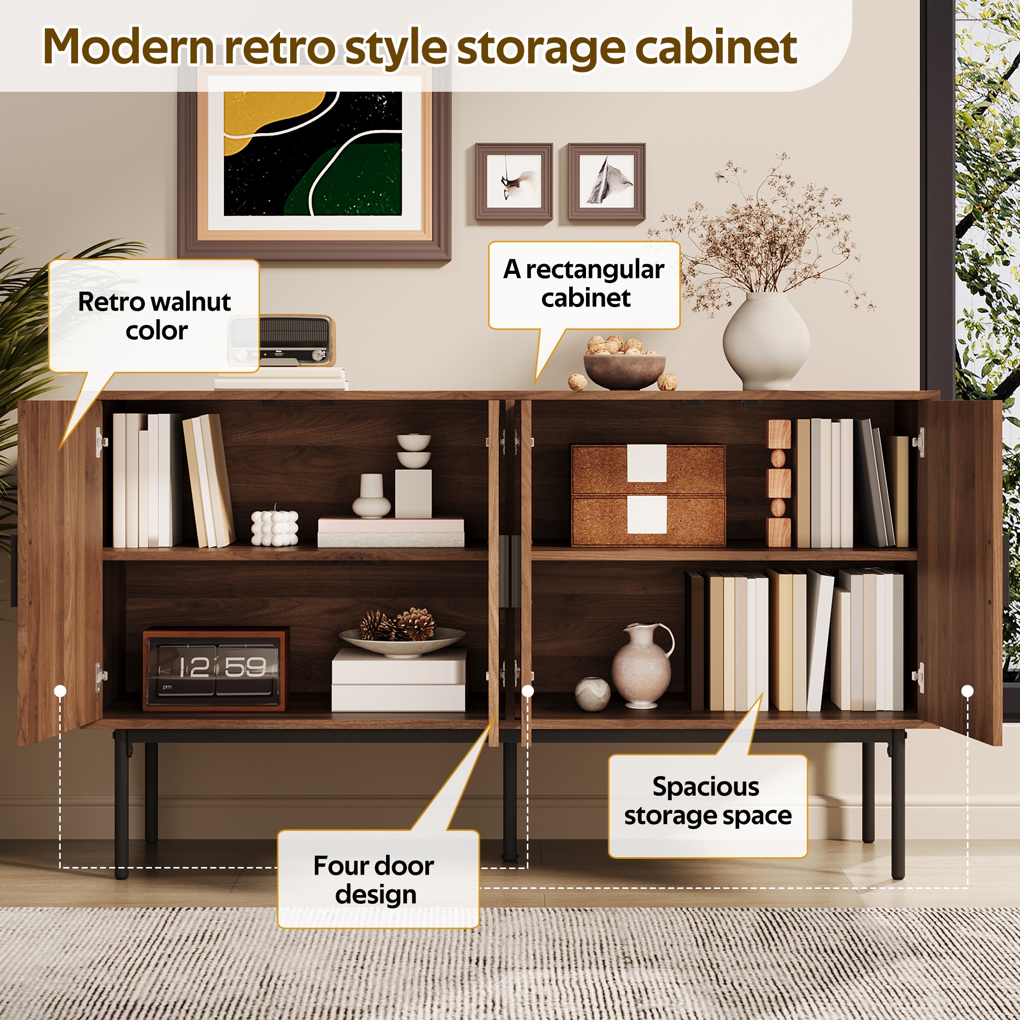 Buffet Naturel, 4 Portes, Rangement, Rotin, Fermeture Douce, Design Moderne, Structure Robuste - Panneau composite de fibres de bois à densité - 140x40x80cm 2