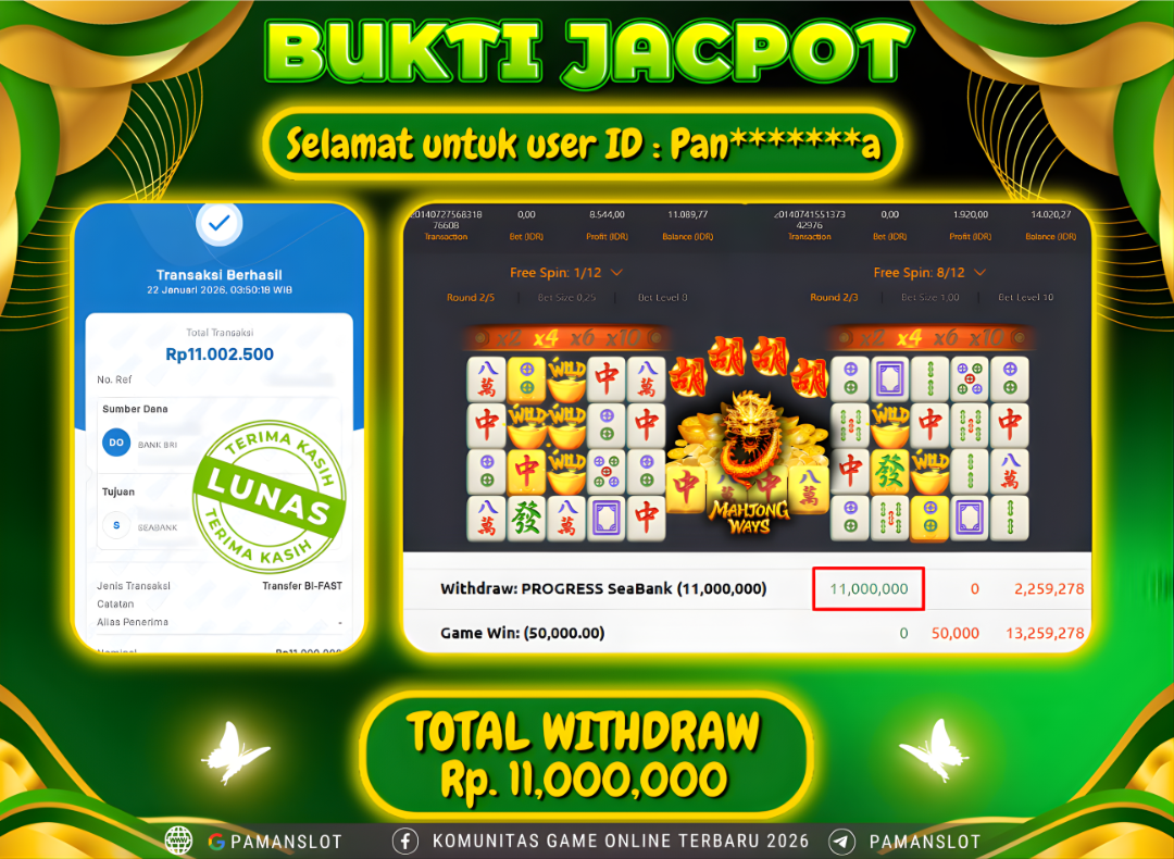 PAMANSLOT JACKPOT Game PG - Mahjong Ways Rp.11,000,000- LUNAS