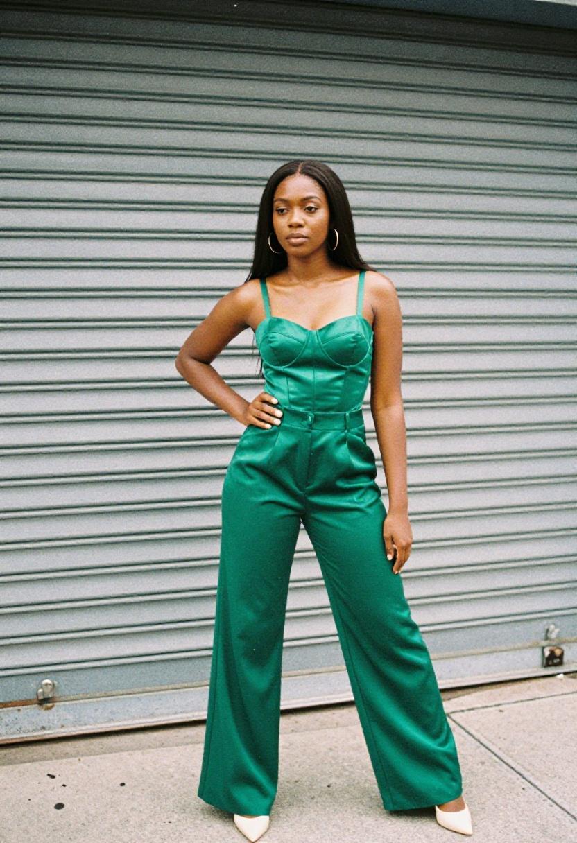 Emerald satin corset top tucked into ivory wide-leg trousers for a party-ready look