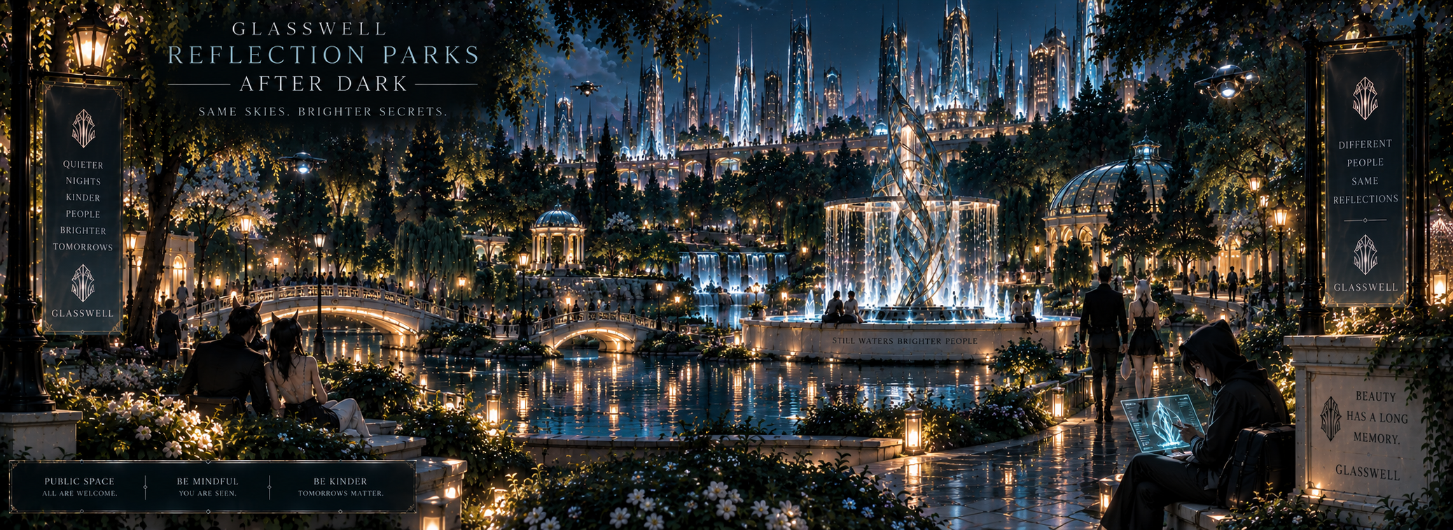 Reflection Parks after dark, illuminated by path lamps, fountains and Glasswell's distant skyline.