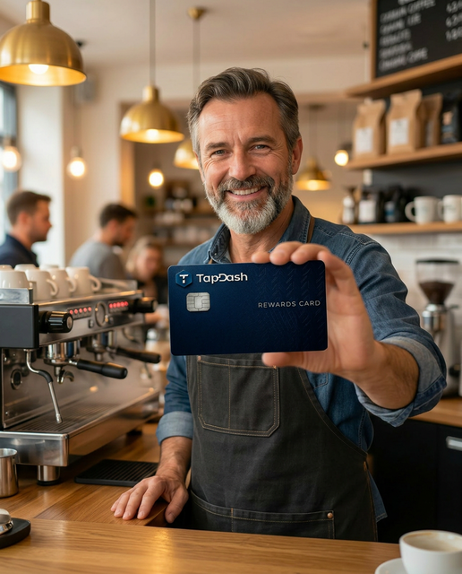 Marcus, Coffee Shop Owner, using a TapDash Rewards Card