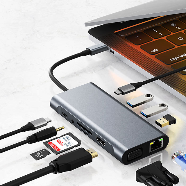 Adaptor HUB 11 in 1 cu Mufa USB-C, 3 x USB 3.0,1 USB Type-C, 1 SD/TF ...