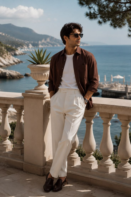 Brown overshirt outfit for hot weather, coastal setting
