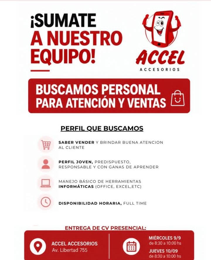 Se busca Atención y Ventas al Cliente en Oberá