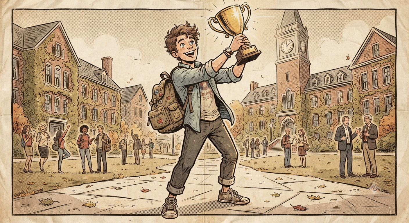 a bright-eyed young college graduate with a casual half-tucked shirt, a backpack slung over one shoulder, and an easy grin, triumphantly holding up a shining trophy overhead