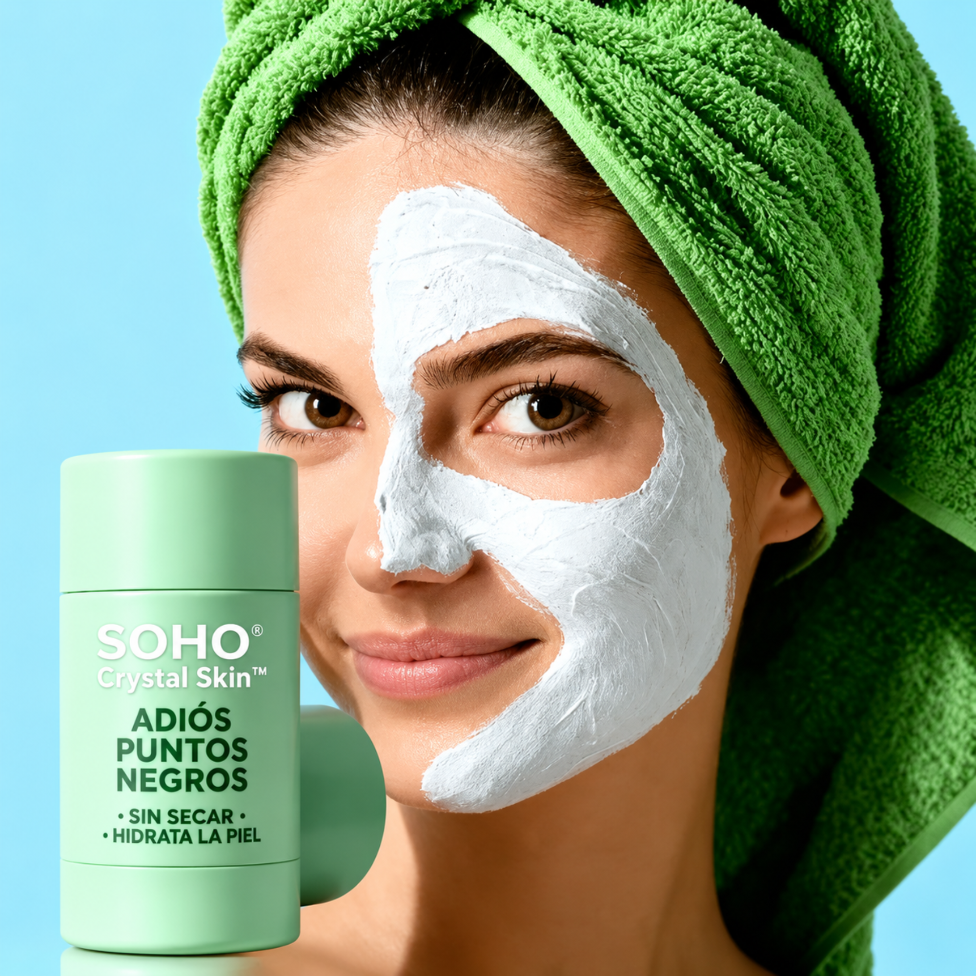 Mujer con la mascarilla Crystal Skin de SOHO aplicada