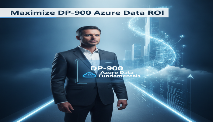 Maximize DP-900 Azure Data ROI A professional adult standing at a digital crossroads, looking at a brightly lit path representing career growth and ROI, with a holographic display of 'DP-900 Azure Data Fundamentals' in the foreground, symbolizing a strategic investment decision. The image title 'Maximize DP-900 Azure Data ROI' is embedded clearly.