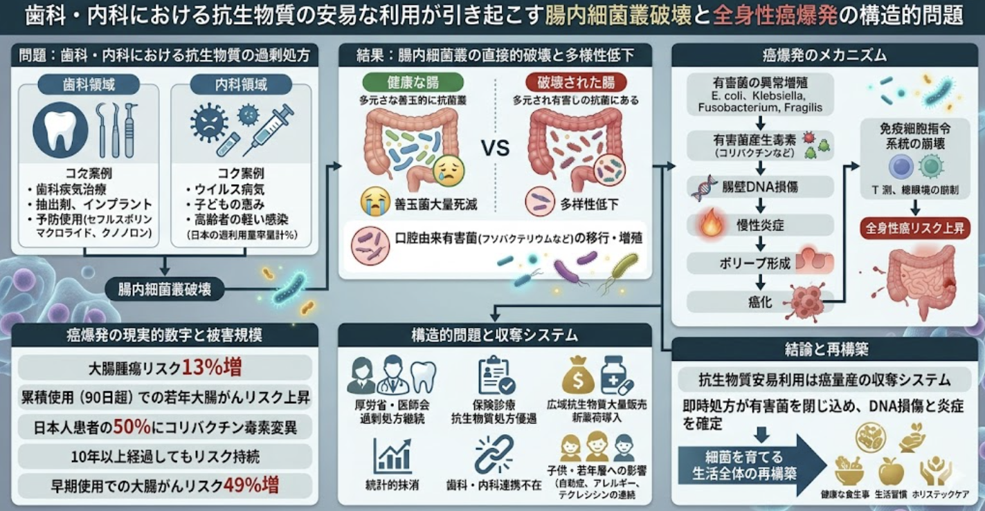 歯科および内科における抗生物質の安易な利用は、腸内細菌層を直接破壊し、ディスバイオシス（菌叢乱れ）を恒久的に固定化する。