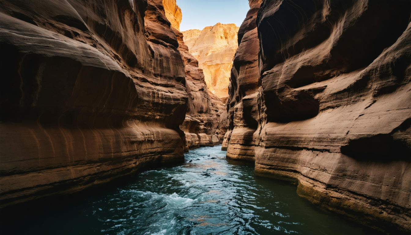 A narrow desert canyon carved by a swift river, high stone walls glowing in low golden light, water threading deep and fast through the gorge.