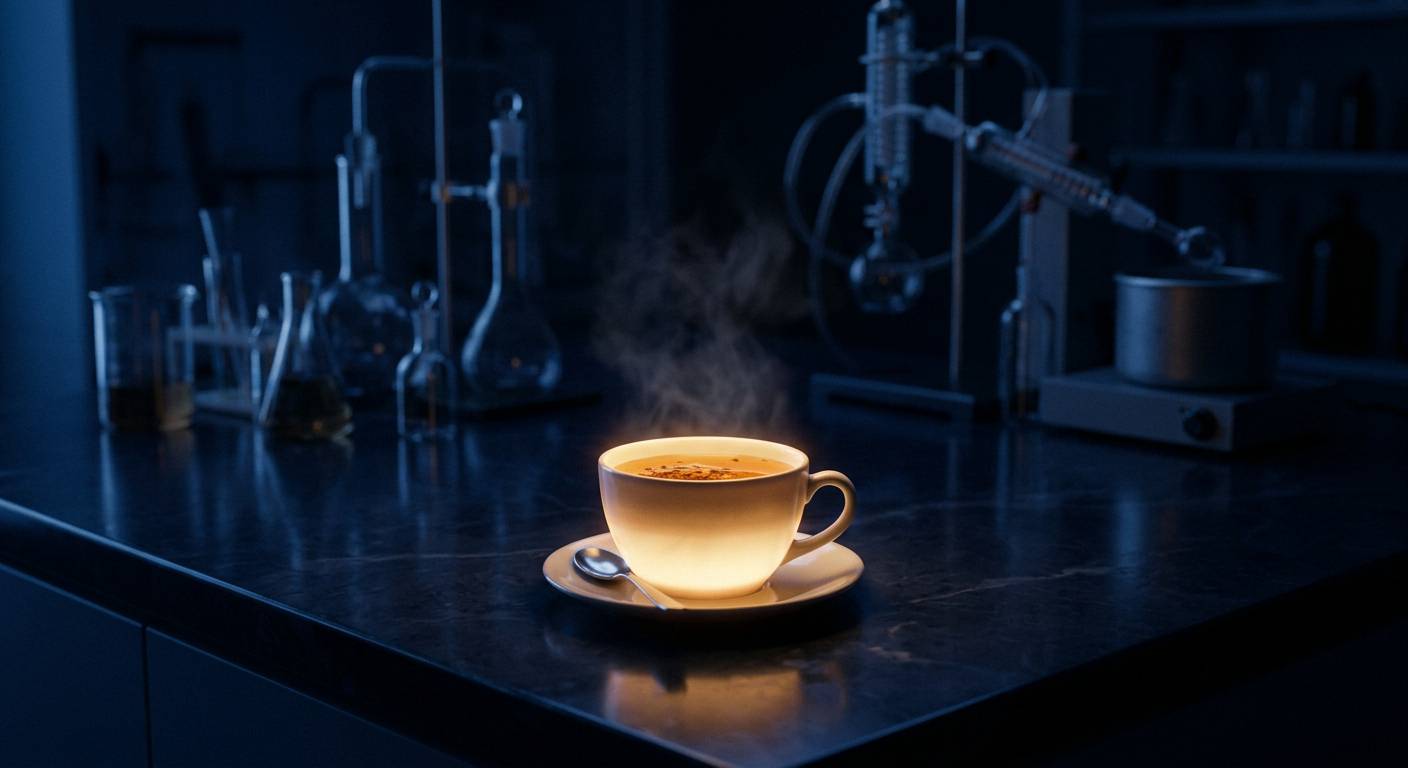 Tasse tee mit laborgeraeten wissenschaftliche sicherheit l theanin.