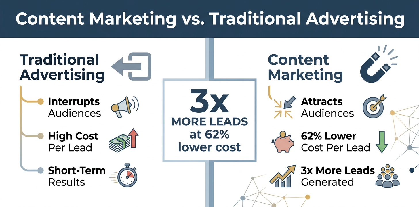 Side-by-side comparison infographic showing Content Marketing vs Traditional Advertising — 3x more leads at 62% lower cost callout — The Zulu Method