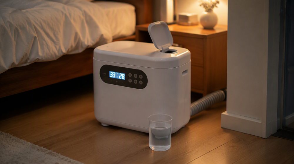 뚜껑을 연 흰색 온수매트 보일러와 옆에 놓인 물 한 컵