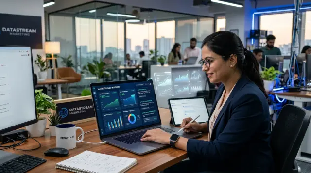 Digital marketer using AI-powered marketing tools and analytics dashboards to improve campaign performance.
