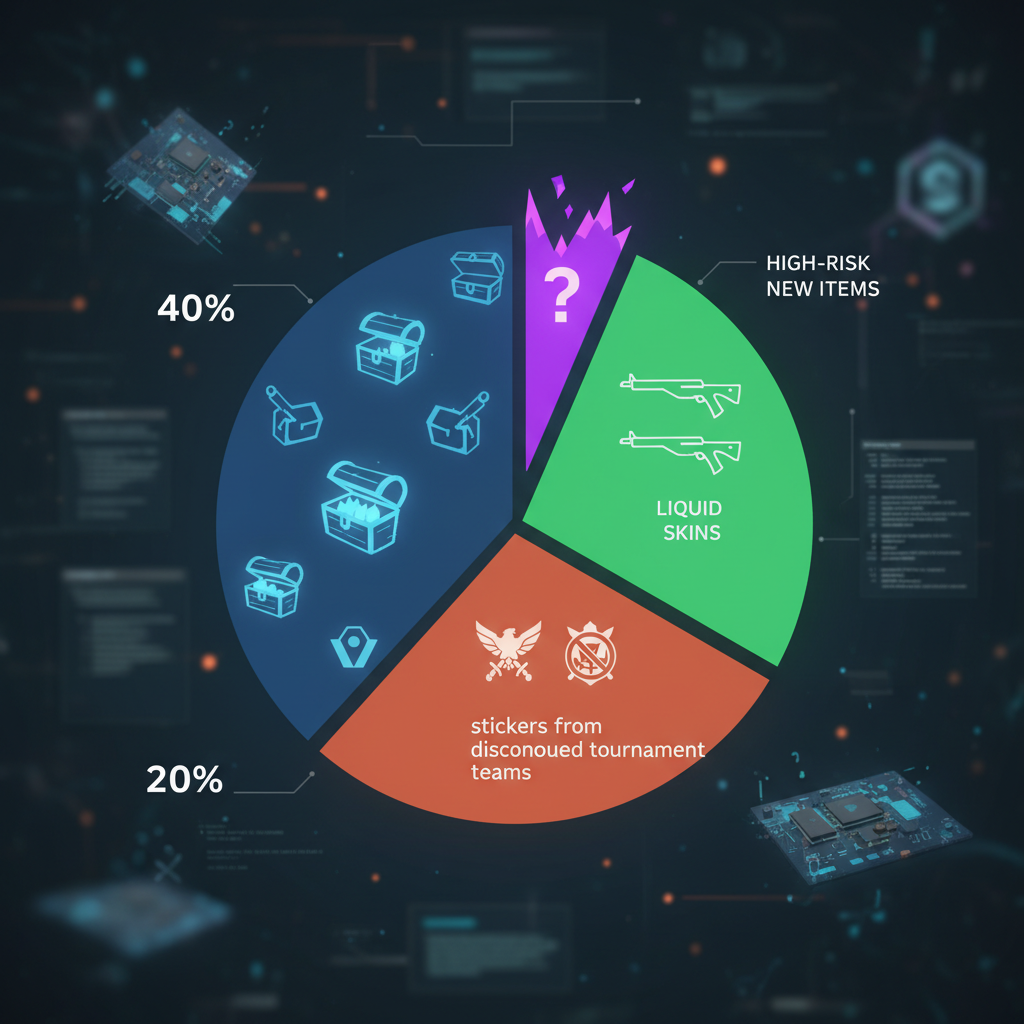 Круговая диаграмма 'Портфеля грамотного игрока': 40% кейсы, 30% ликвидные скины, 20% наклейки снятых с турниров команд, 10% высокорисковые новинки.