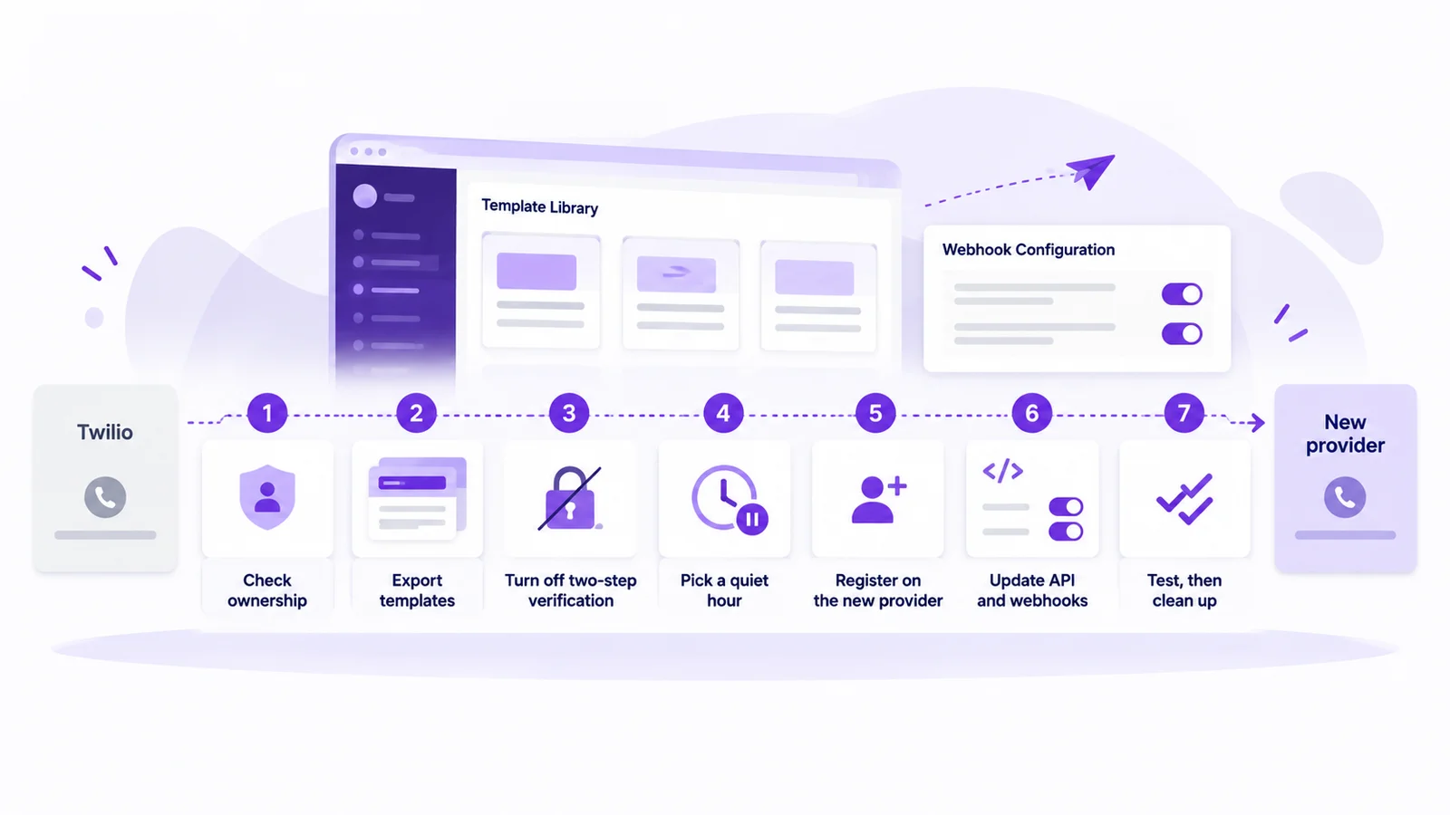 Migration checklist for moving a WhatsApp number off Twilio: check ownership, export templates, turn off two-step verification, register, update API and webhooks, test and clean up