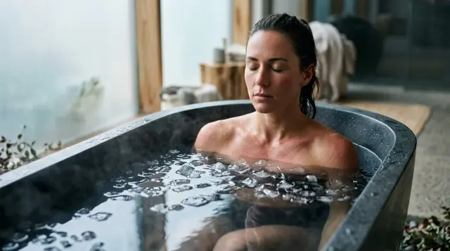 Person calmly immersed in icy cold plunge tub with floating ice and rising mist