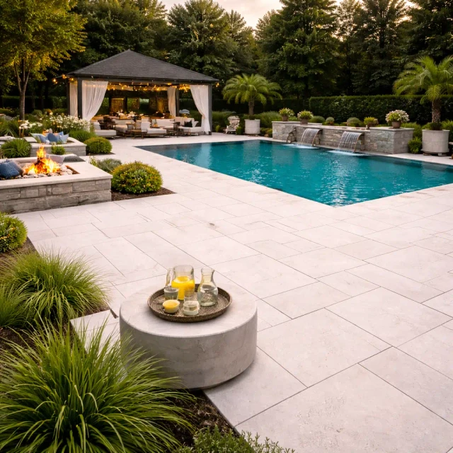travertine pool deck Florida cool underfoot sun resistant pavers waterfront