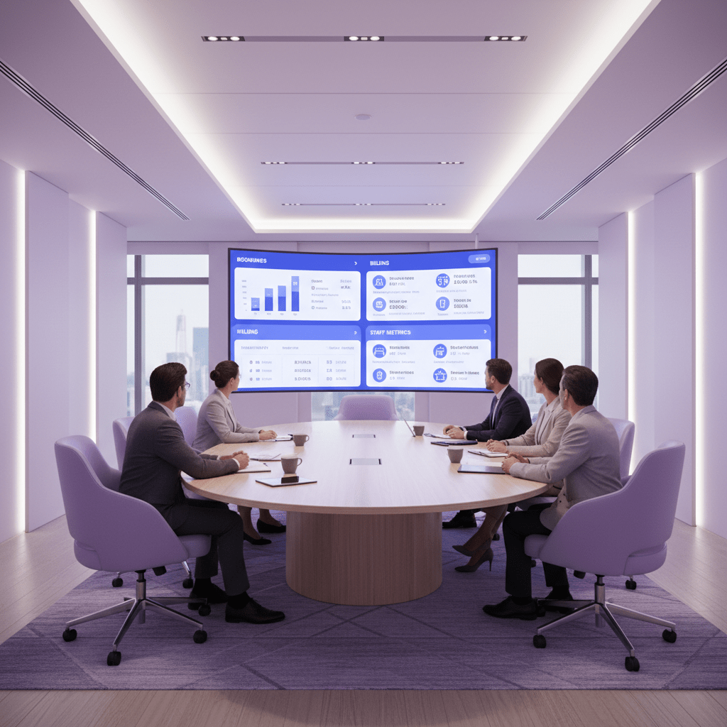 Hotel leadership team reviewing ERP dashboard and operational metrics