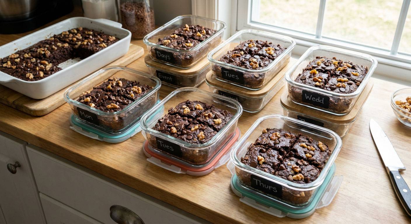 Pieczona owsianka brownie w pojemnikach meal prep.