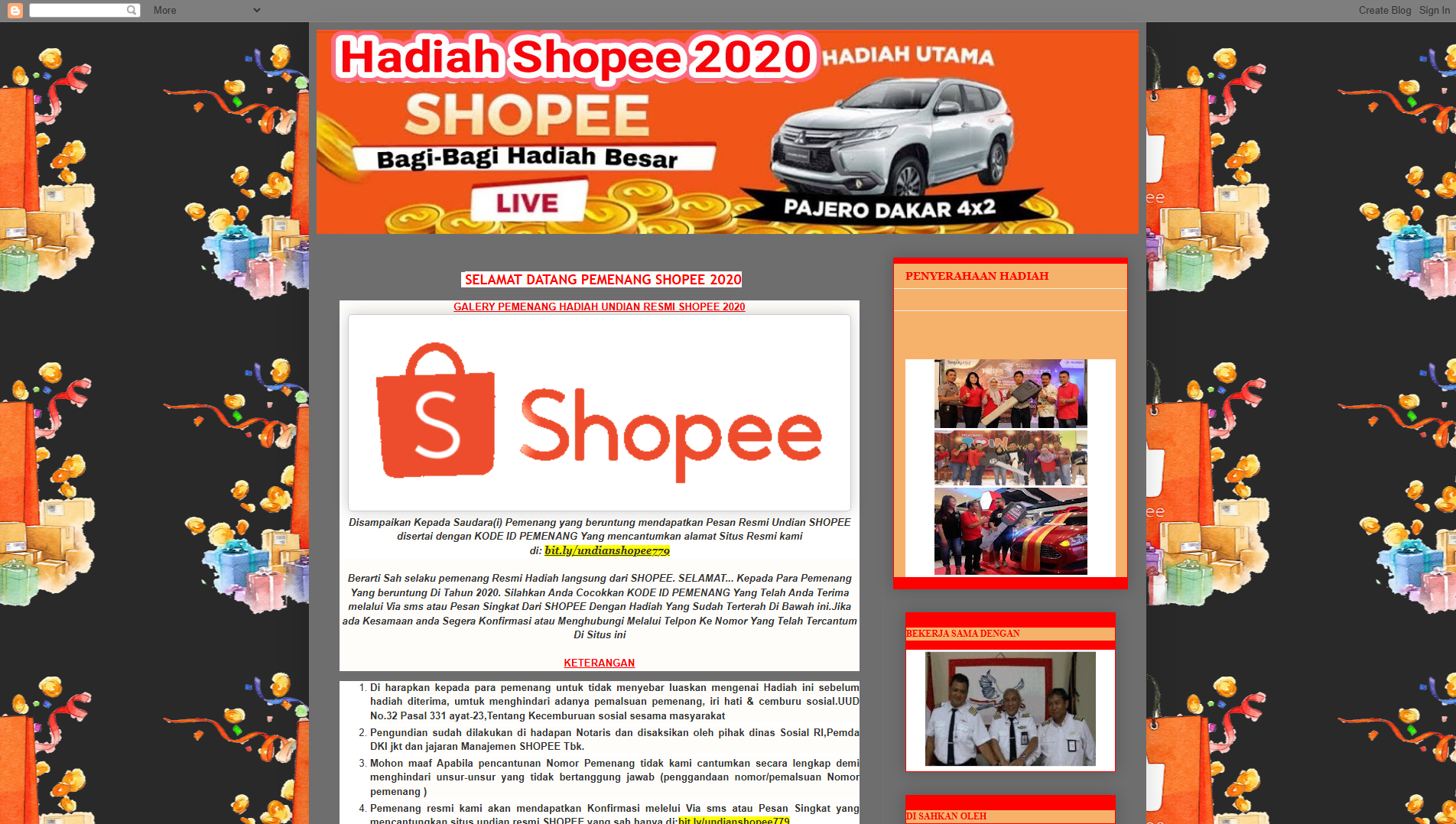 Forensic screenshot of pestahadiahshopee2779.blogspot.com showing the phishing page layout