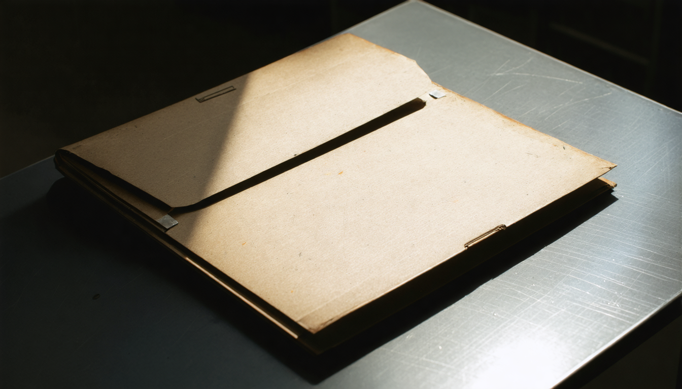 A worn manila case file resting half-open on a grey metal desk in dim institutional light.