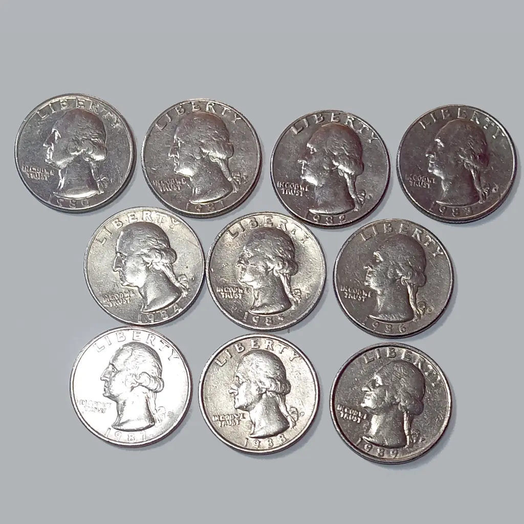 Lote com 10 Moedas Quarter Dollar EUA 1980 a 1989 – Série Completa – BC/MBC