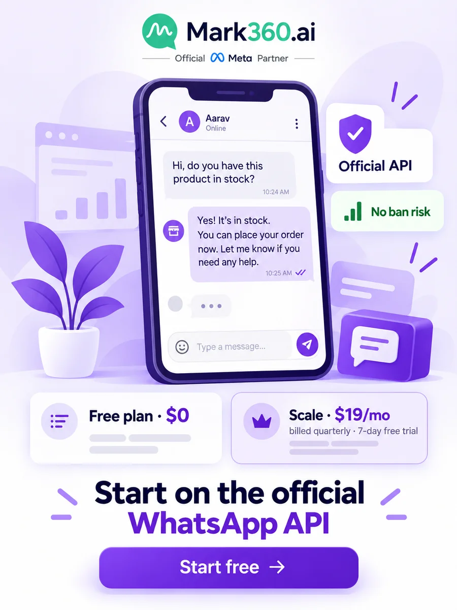 Start on the official WhatsApp API with Mark360: free plan $0, Scale $19 a month billed quarterly with a 7-day free trial, no ban risk