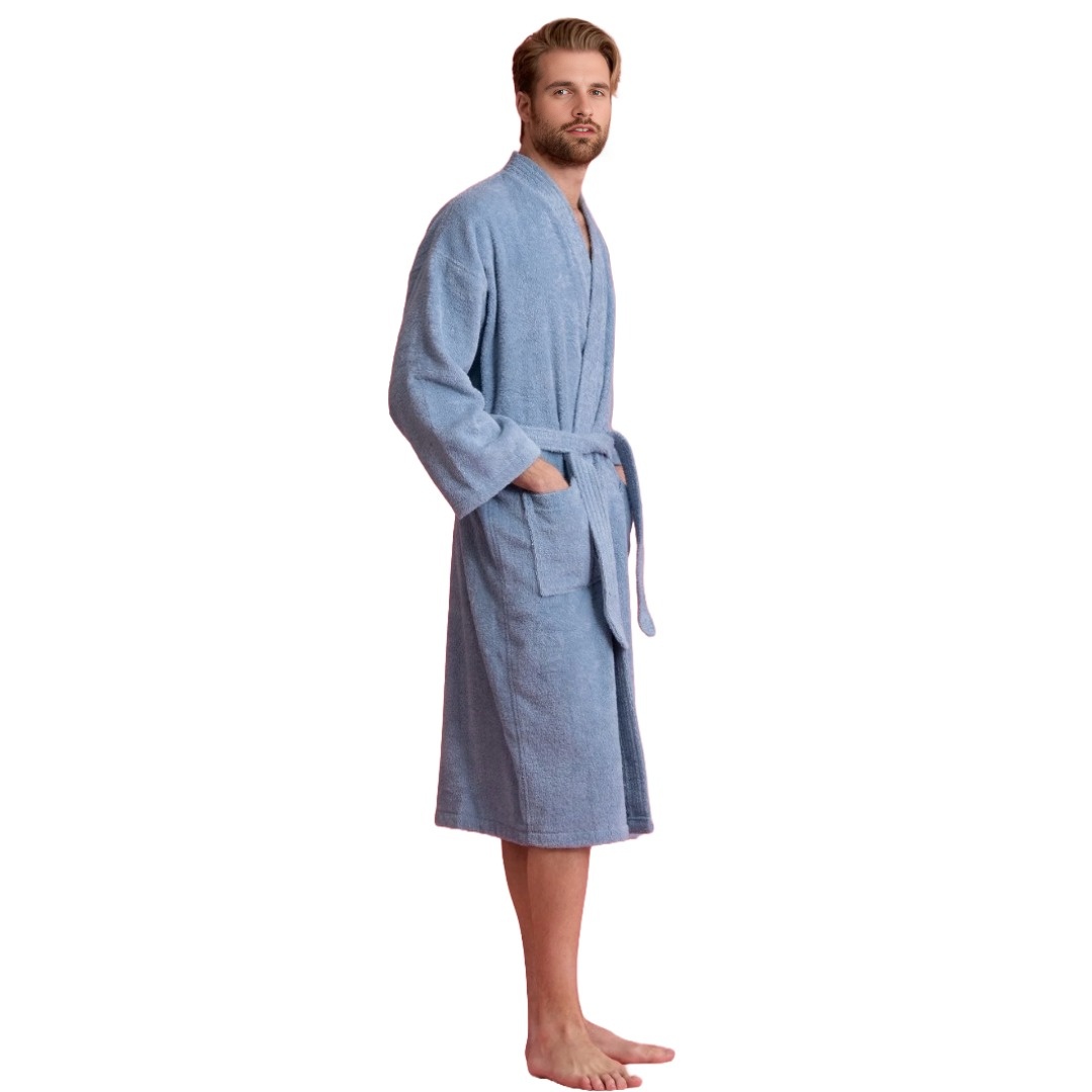 Unisex Men's Terry Cotton Light Blue Bathrobe (One Size) view 2