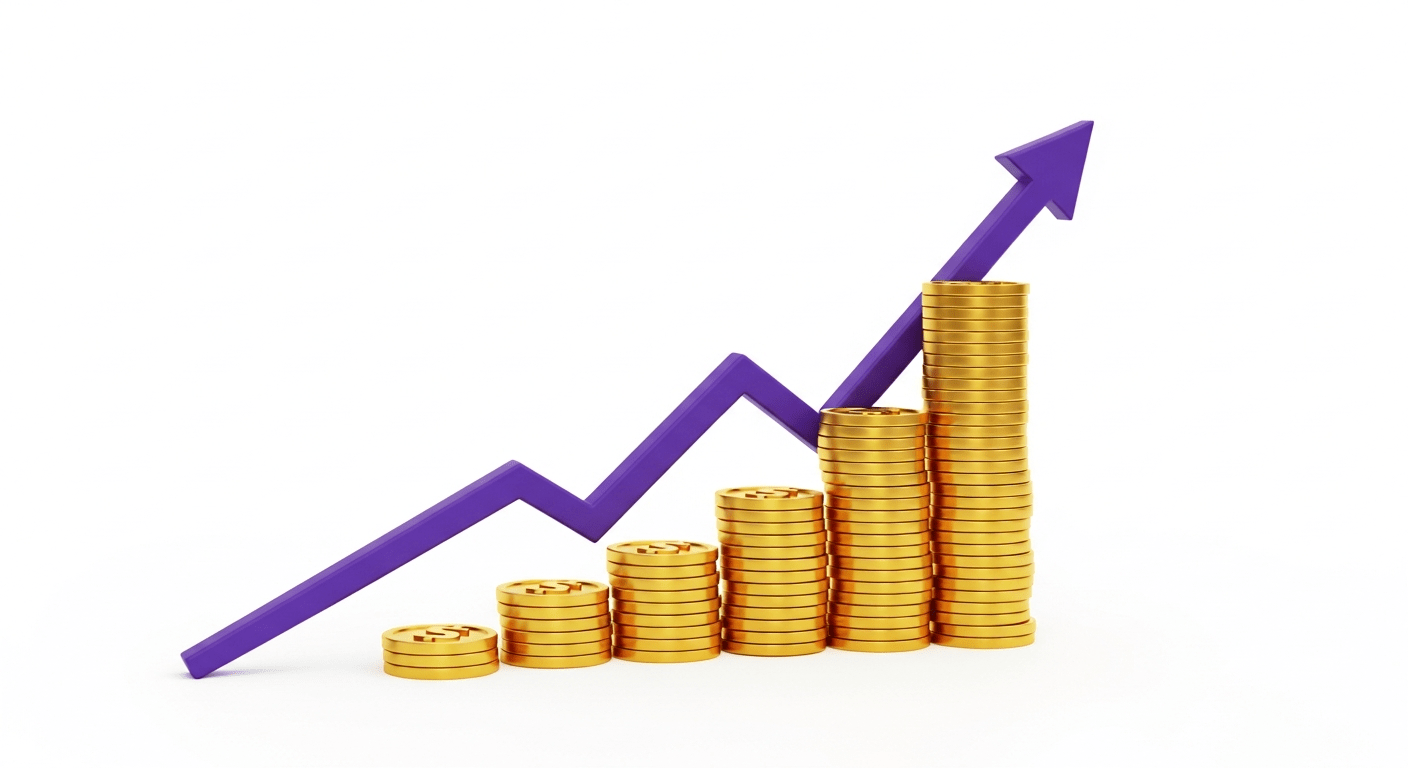 An abstract visualization of return on investment, showing golden coins stacking on an upward-pointing purple graph arrow.