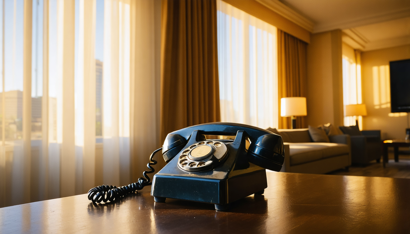 A single rotary telephone sitting on a polished table in an empty Las Vegas hotel suite, golden desert light filtering through sheer curtains.