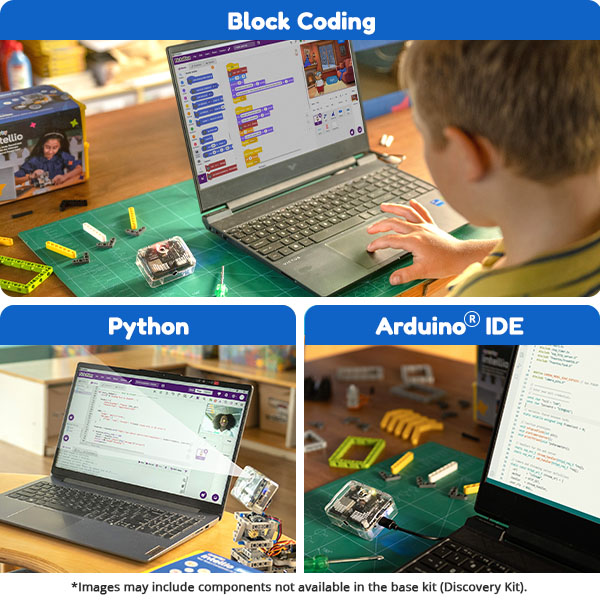 Student learning hands-on STEM at school — coding with Quarky Intellio rover and laptop