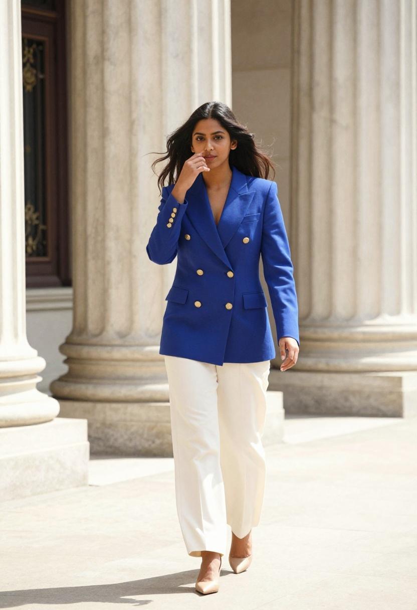 Cobalt blue double breasted blazer with gold buttons against a grand neoclassical backdrop
