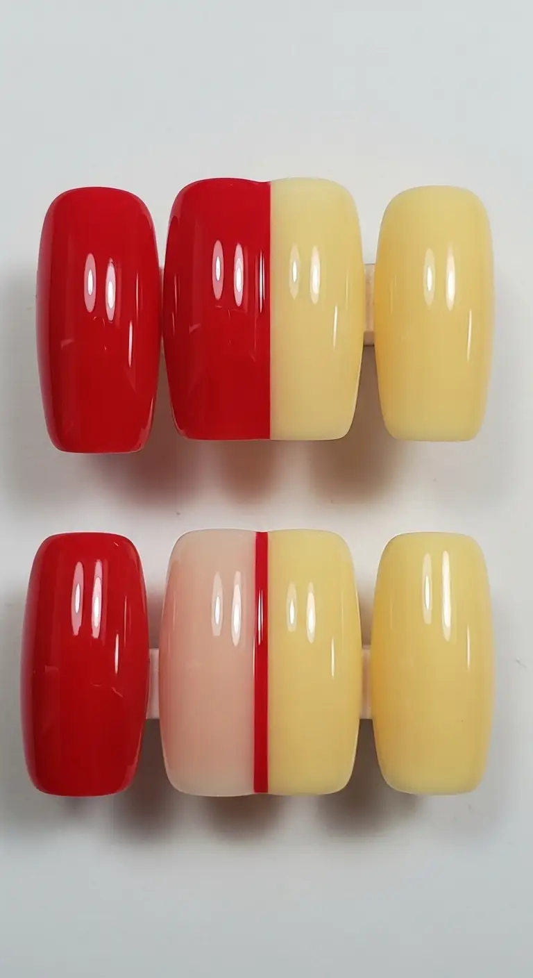 Cherry Red and Butter Yellow Color Block Square Nails