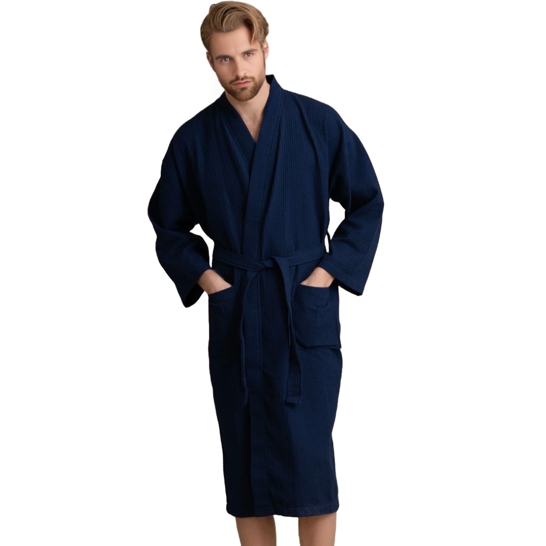 Unisex Men's Waffle Weave Kimono Navy Bathrobe (One Size) view 2