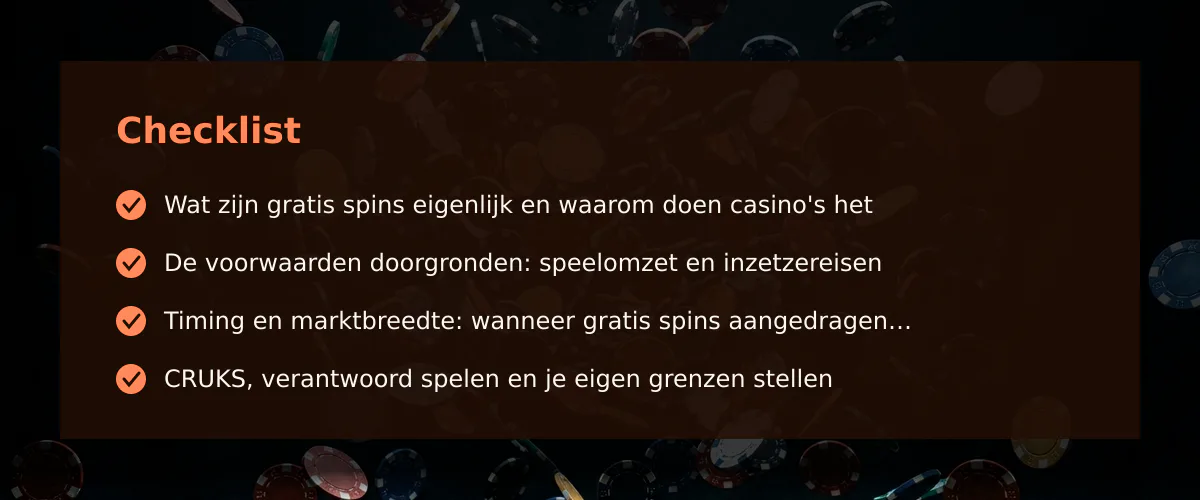 Gratis spins casino: hoe je het bonuswerk slim leest als Nederlandse speler — Checklist